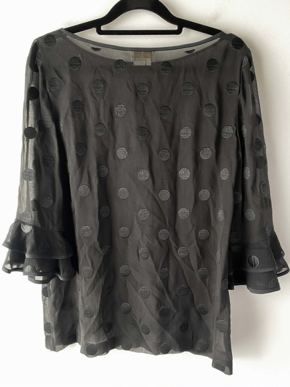 Kate Spade Womens Sheer Polka Dot Blouse 2 Black Ruffle Sleeve Feminine Preppy